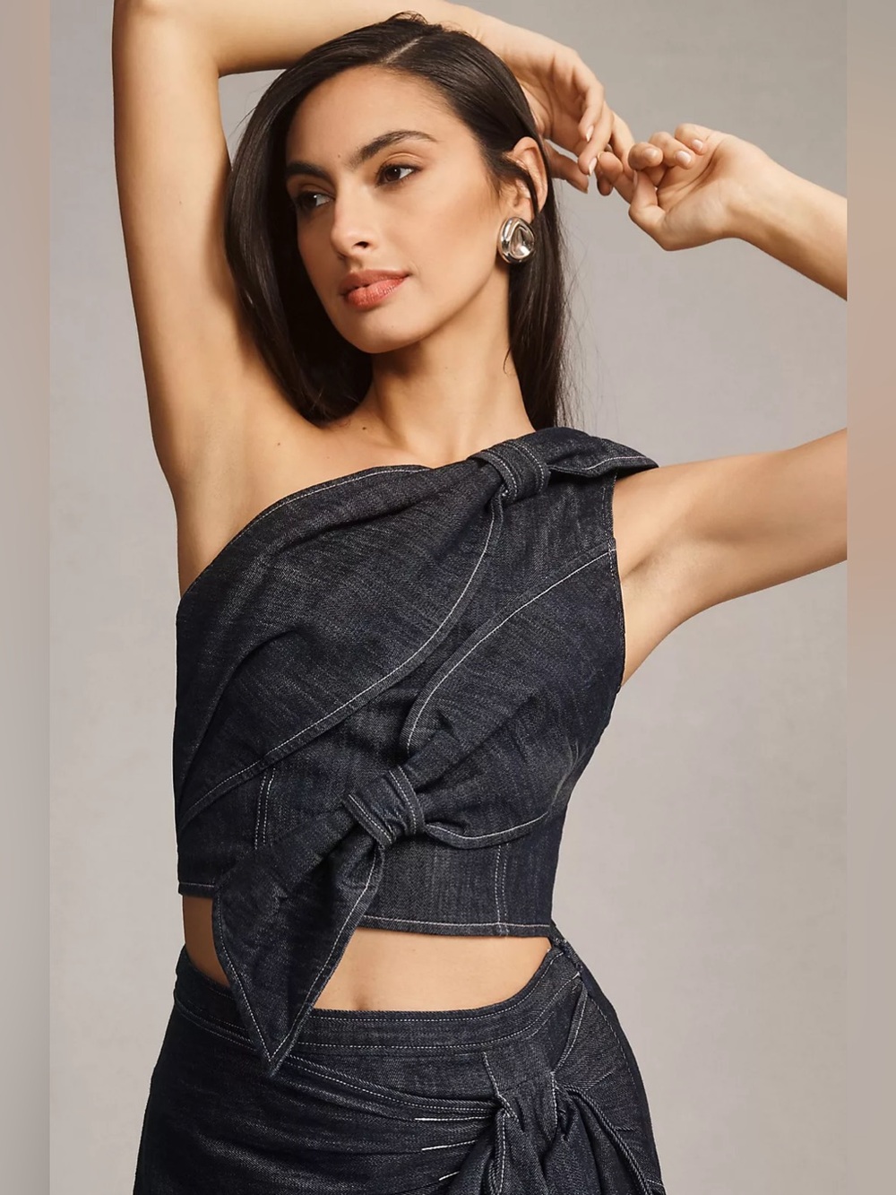 NWT Women's Anthropologie Pilcro One-Shoulder Denim Bow Top size XS